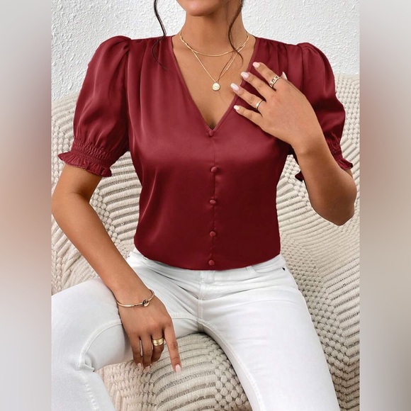 Elegant Burgundy V-Neck Blouse satin frill button front puff sleeve office night - Picture 5 of 11